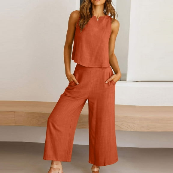 Karight Two Piece Linen Sets for Women Pants Casual Dressy Outfit Sleeveless Crop Tank Wide Leg Pants Sets Matching Loungewear