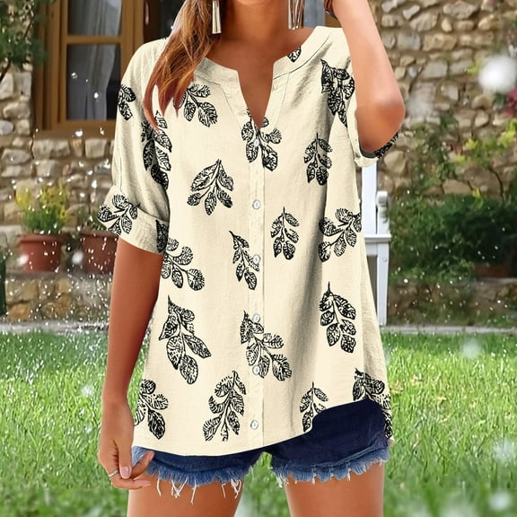Karight V Neck T Shirts for Women Button Down Short Sleeve Tops Casual Loose Fit Cute Summer Blouses Dressy Tunic Tops