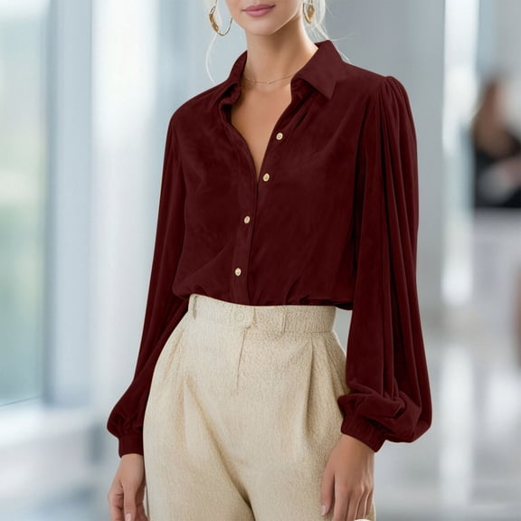 Karight Velvet Shirts for Women Button Down Lantern Sleeve Velour Blouses Vintage Lapel Collar Party Holiday Work Tops