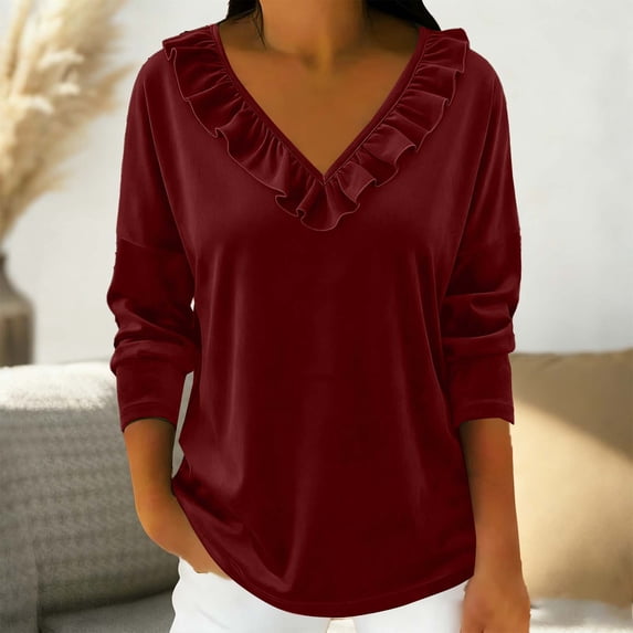Karight Velvet Tops for Women Dressy Casual V Neck with Ruffled Trim Shirts Loose Fit Long Sleeve Vintage Velour Blouse