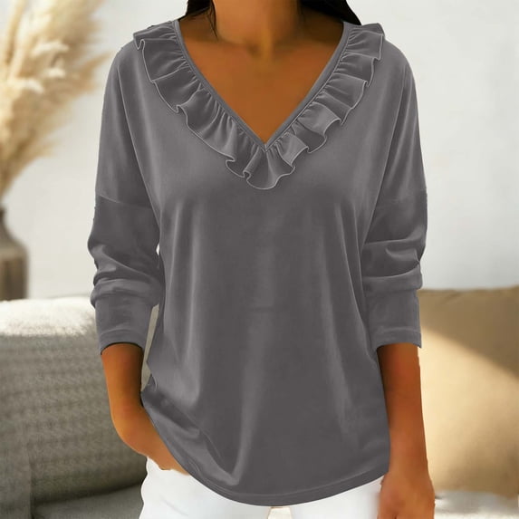 Karight Velvet Tops for Women Dressy Casual V Neck with Ruffled Trim Shirts Loose Fit Long Sleeve Vintage Velour Blouse