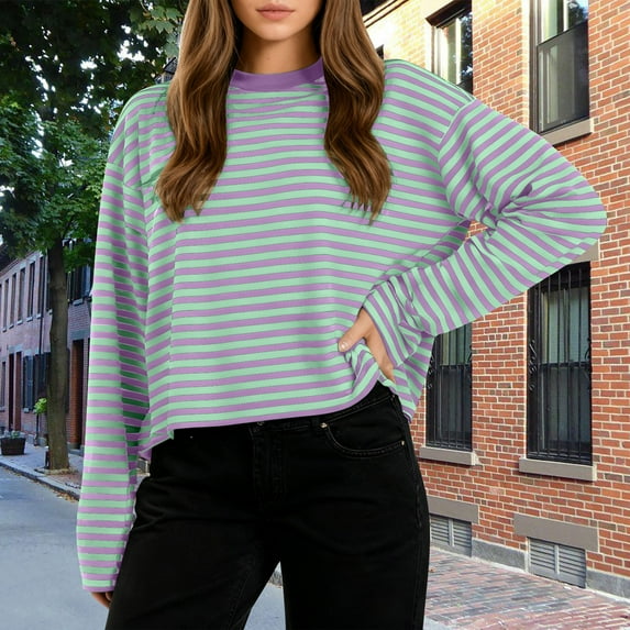 Karight Vintage Striped Shirts Long Sleeve for Women Y2k Oversized Crewneck Drop Shoulder Sweater Cute Preppy Tops Fall