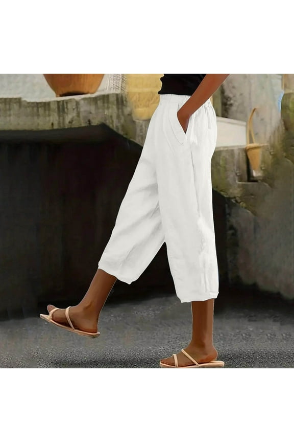 Wide Leg Capri Yoga Pants for Women Loose Summer Ruffles High Rise Cropped Bottom with Pockets White