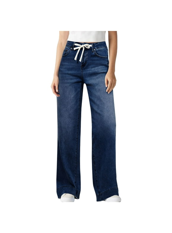 Wide Leg Jeans Woman Drawstring High Waisted Stretchy Baggy Jeans Casual Loose Denim Trousers Pants with Pockets