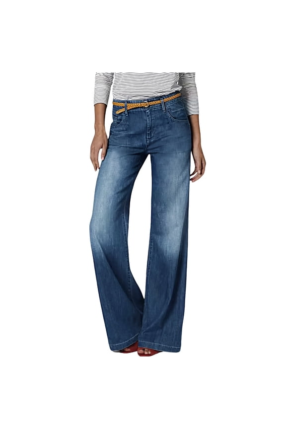 Wide Leg Jeans for Women Mid Waist Baggy Stitch Decor Denim Washed Pants Without Belt
