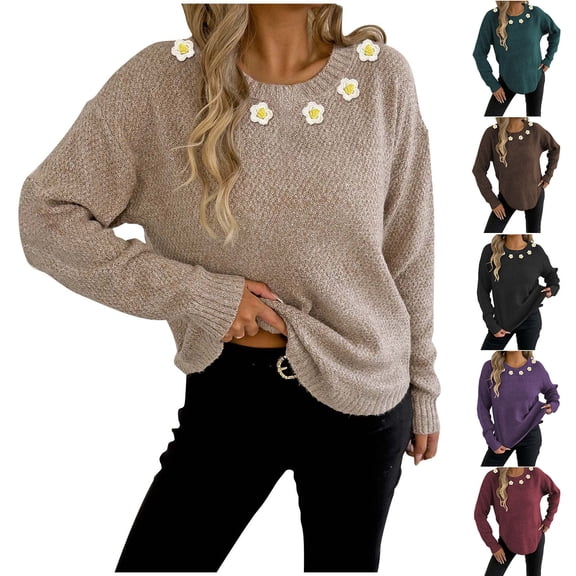 Karight Winter Sweaters for Women Flowers Crewneck Sweater Casual Cozy Lightweight Sweaters Long Sleeve Teacher Sweater