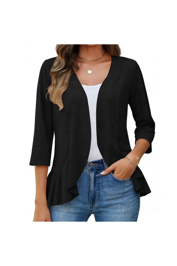 Wmens 3/4 Sleeve Open Front Cardigan Ruffle Hem Casual Lightweight Draped Knit Jacket