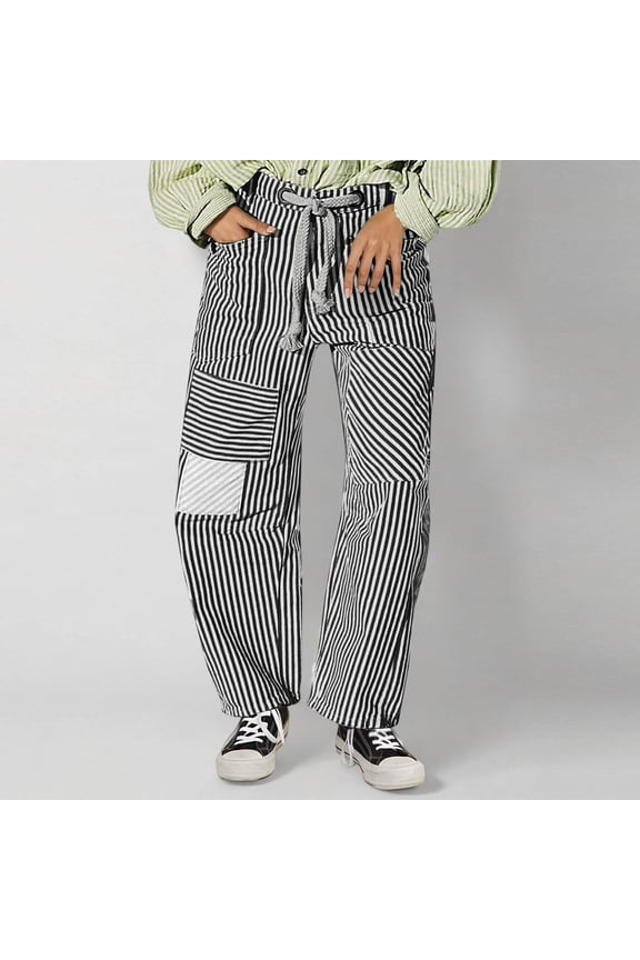 Women Baggy Barrel Jeans Patchwork Denim Striped Pants Mid Rise Wide Leg Jeans Drawstring Boyfriend Fall Sweatpants