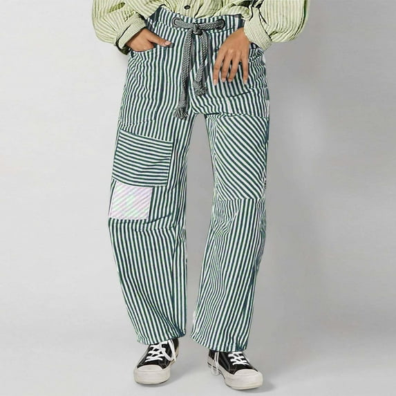 Karight Women Baggy Barrel Jeans Patchwork Denim Striped Pants Mid Rise Wide Leg Jeans Drawstring Boyfriend Fall Sweatpants