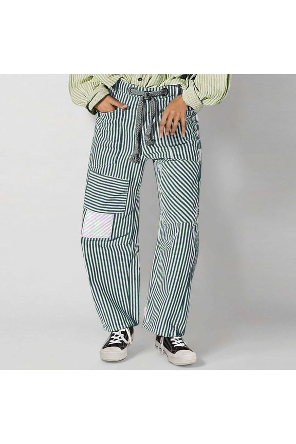 Women Baggy Barrel Jeans Patchwork Denim Striped Pants Mid Rise Wide Leg Jeans Drawstring Boyfriend Fall Sweatpants