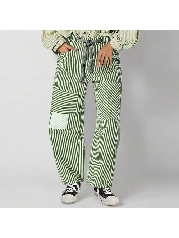 Women Baggy Barrel Jeans Patchwork Denim Striped Pants Mid Rise Wide Leg Jeans Drawstring Boyfriend Fall Sweatpants