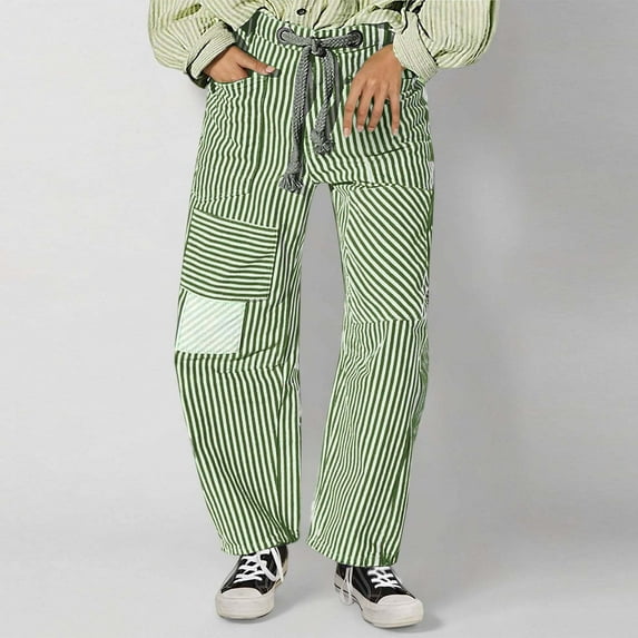 Karight Women Baggy Barrel Jeans Patchwork Denim Striped Pants Mid Rise Wide Leg Jeans Drawstring Boyfriend Fall Sweatpants