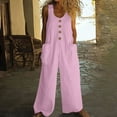 thumbnail image 1 of Karight Women Button Down Jumpsuits Cotton Linen Sleeveless Casual Wide Legs Rompers Loose Overall with Pockets, 1 of 7