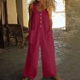 thumbnail image 1 of Karight Women Button Down Jumpsuits Cotton Linen Sleeveless Casual Wide Legs Rompers Loose Overall with Pockets, 1 of 7