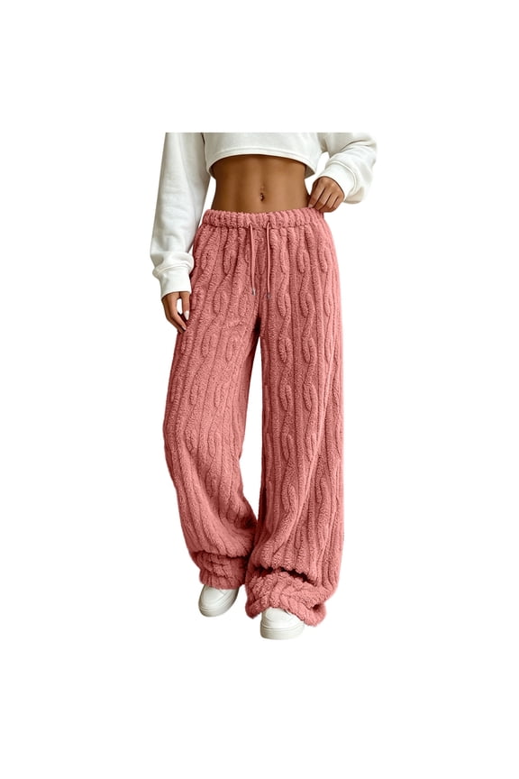 Women Cable Knit Fuzzy Wide Leg Pants Elastic Drawstring High Waist Fluffy Plush Casual Trousers Solid Color Cozy Loungewear Warm Winter Sleep Bottoms with Pockets