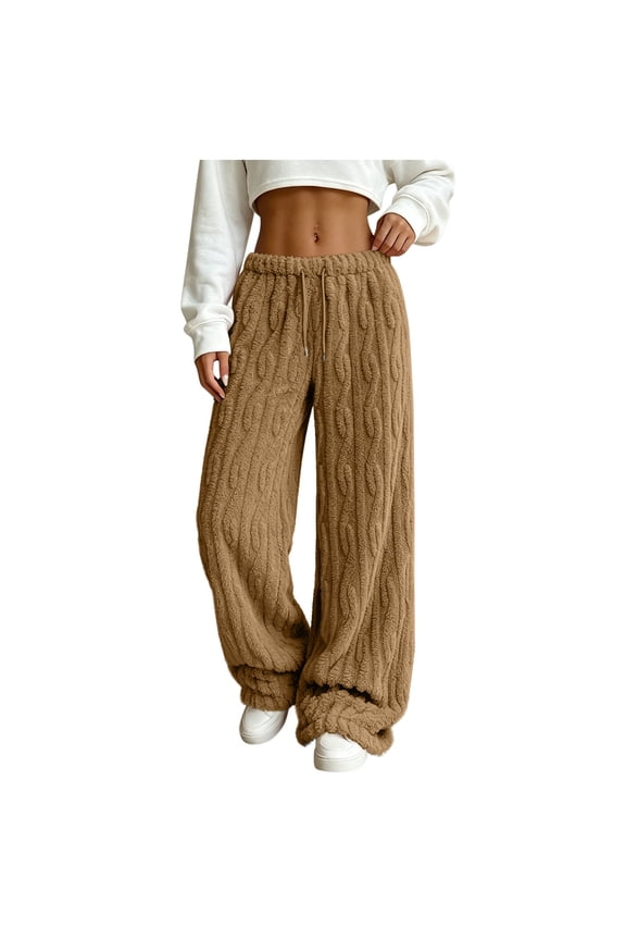 Women Cable Knit Fuzzy Wide Leg Pants Elastic Drawstring High Waist Fluffy Plush Casual Trousers Solid Color Cozy Loungewear Warm Winter Sleep Bottoms with Pockets