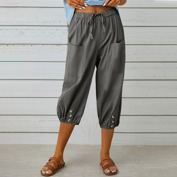 Karight Women Capri Pants Casual Drawstring Elastic High Waist Baggy Wide Leg Cropped Pants Trousers for Ladies Summer Dark Gray