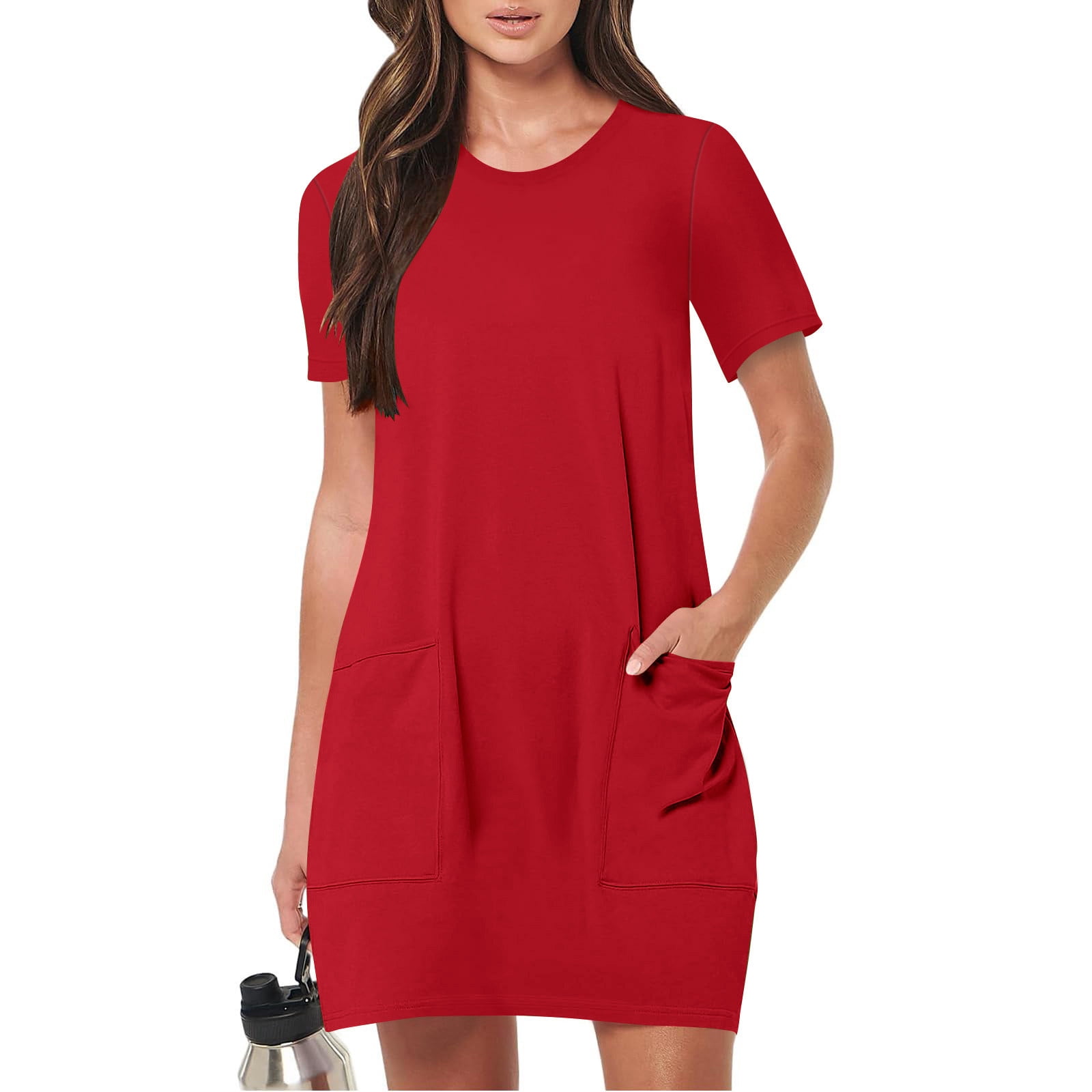 Women's Short Sleeve T-Shirt Dress - Summer Mini Dress With Pockets, Crew Neck