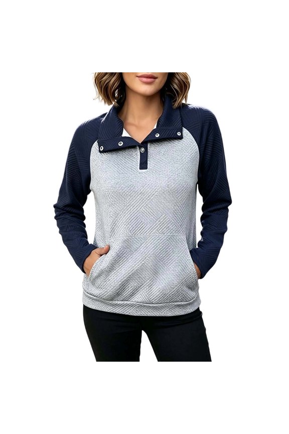 Women Color Block Raglan Sweatshirt Asymmetric Snap Button Collar Diagonal Quilted Texture Front Kangaroo Pocket Long Sleeve Loose Casual Pullover Top for Fall Office Weekend Daily