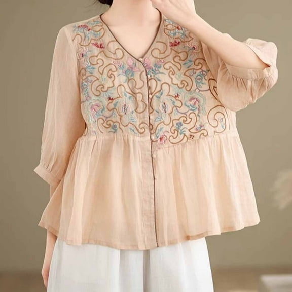 Karight Women Cotton Linen Embroidered Shirt Gauze 3/4 Sleeve V Neck Button Down Blouse Solid Lightweight Summer Tops