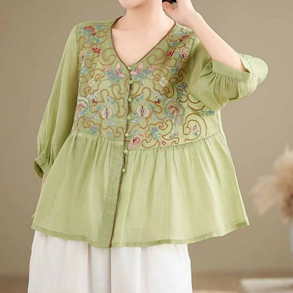Karight Women Cotton Linen Embroidered Shirt Gauze 3/4 Sleeve V Neck Button Down Blouse Solid Lightweight Summer Tops