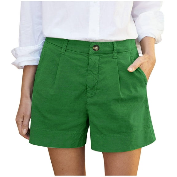 Karight Women Cotton Linen Pleated High Waist Shorts 2025 Summer Causal with Pockets Green