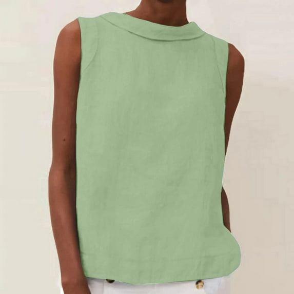 Karight Women Cotton Linen Sleeveless Tank Tops O Neck Shirt Summer Casual Solid Color Loose Fit Comfy T-Shirt Blouse Vest