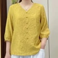 thumbnail image 1 of Karight Women Cotton Linen Tops 2025 Summer 3/4 Lantern Sleeve Embroidered Shirts Loose V-Neck Boho Tees Vintage Blouses, 1 of 3