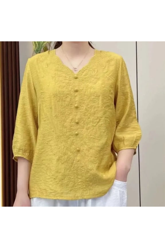 Women Cotton Linen Tops 2025 Summer 3/4 Lantern Sleeve Embroidered Shirts Loose V-Neck Boho Tees Vintage Blouses