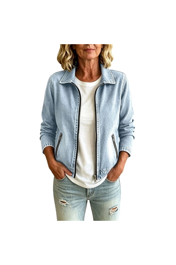 Women Cropped Stretch Jean Jacket Collared Zip Up Pullover Sweatshirt Lightweight Denim Cardigan with Zipper Pockets