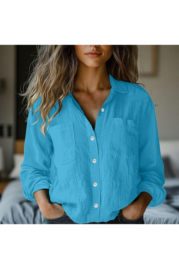Women Denim Shirts Button Down Blouse V Neck Casual Tops