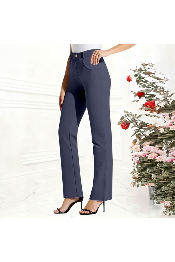 Women Dress Pants Business Casual Straight Leg 30" Stretch Work Pants Pull On Slim-fit Regular Slacks with 4 Pockets