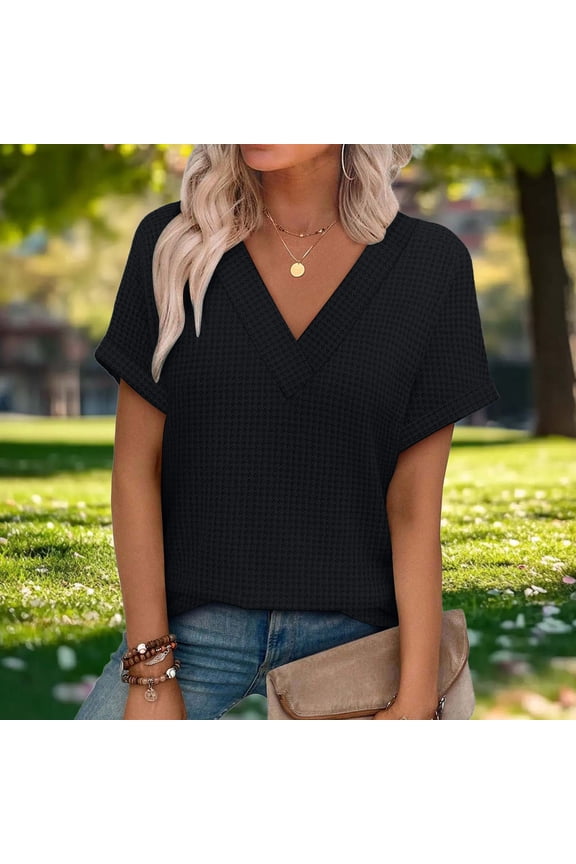 Women Fashion Spring And Summer Clothing Solid Color T-shirt V-neck Short Sleeve Top