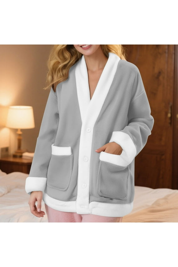 Women Fuzzy Fleece Jacket Pajama Tops V-Neck Button Down Sleepwear Long Sleeve Plush Warm Winter Coat with Pockets