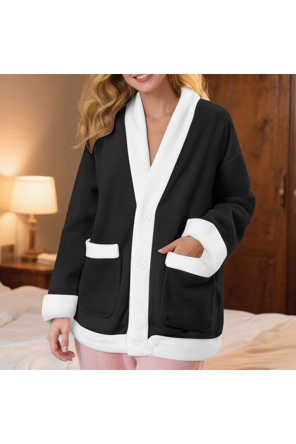 Women Fuzzy Fleece Jacket Pajama Tops V-Neck Button Down Sleepwear Long Sleeve Plush Warm Winter Coat with Pockets