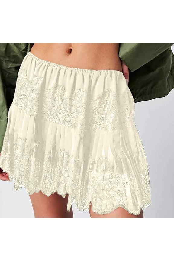 Women Lace Slip Skirt Low Rise Y2k Layered Pleated Ruffle Flowy Skirt Mesh Mini Underskirt