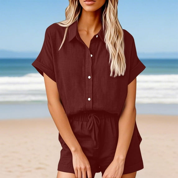 Karight Women Linen Cotton Short Sets 2 Piece Outfits Button Down Short Sleeve Shirt Dressy Casual Summer Loungewear