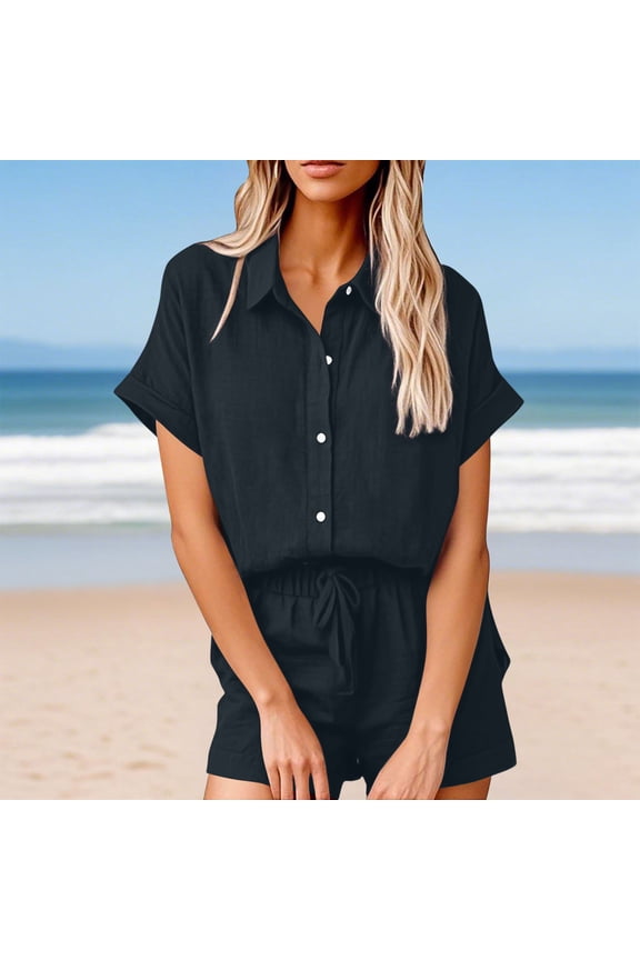 Women Linen Cotton Short Sets 2 Piece Outfits Button Down Short Sleeve Shirt Dressy Casual Summer Loungewear