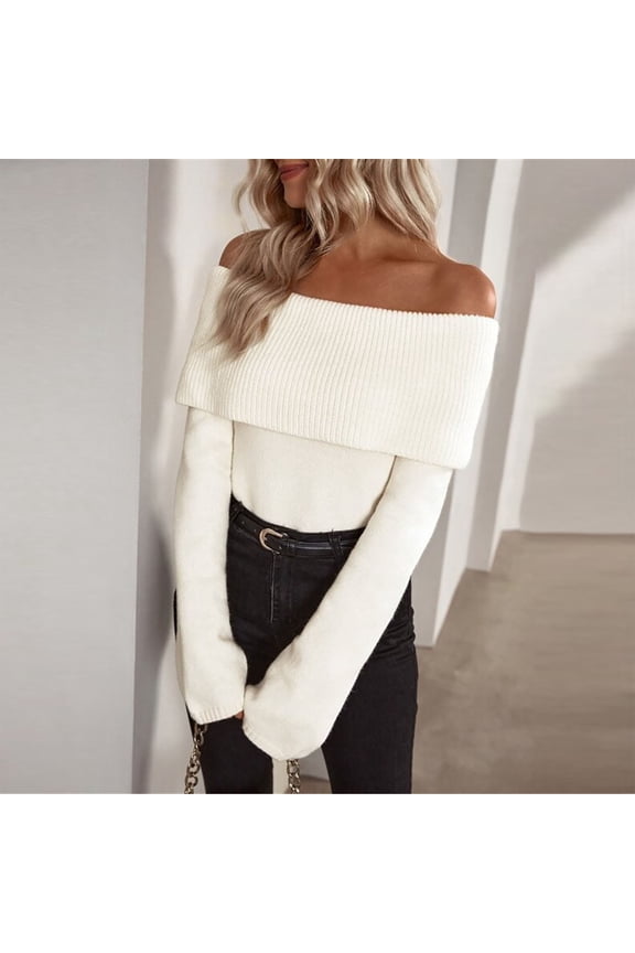 Women Off Shoulder Fold Over Long Sleeve Sweaters Casual Solid Ribbed Knit Fall Pullover Jumper Tops