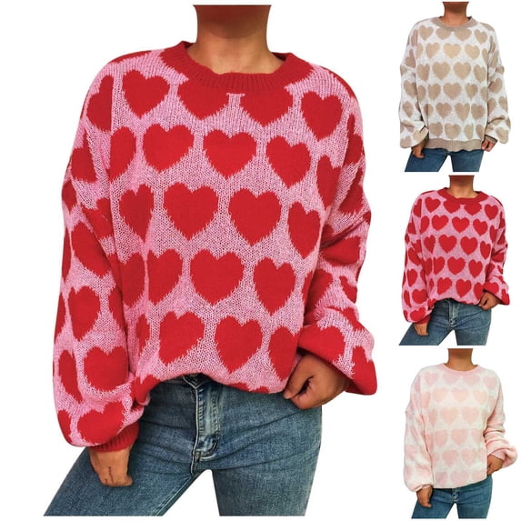 Karight Women Oversized Valentines Day Sweater Cute Heart Print Crew Neck Pullover Sweaters Y2k Knit Puff Sleeve Chunky Jumpers