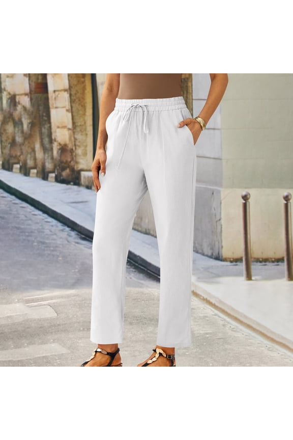 Women Petite Linen Pants High Waisted Straight Leg Casual Cotton Trousers Elastic Waist Drawstring with Pockets
