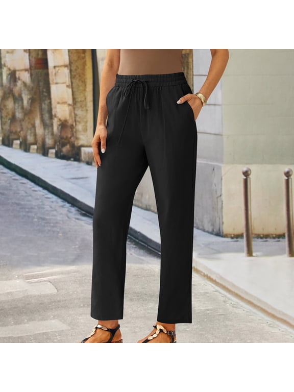 Women Petite Linen Pants High Waisted Straight Leg Casual Cotton Trousers Elastic Waist Drawstring with Pockets