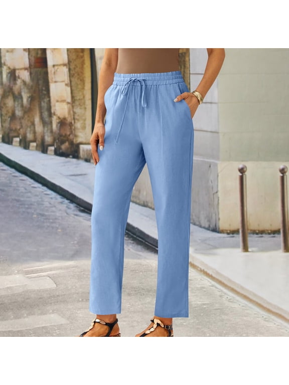 Women Petite Linen Pants High Waisted Straight Leg Casual Cotton Trousers Elastic Waist Drawstring with Pockets
