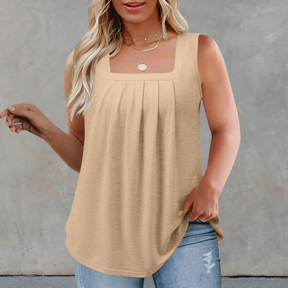 Karight Women Plus Size Tank Tops Casual Sleeveless Crew Neck Pleated Front Flowy Loose Camisoles Cami Shirts Blouses