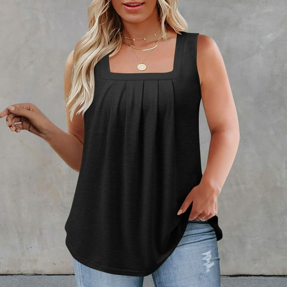 Karight Women Plus Size Tank Tops Casual Sleeveless Crew Neck Pleated Front Flowy Loose Camisoles Cami Shirts Blouses