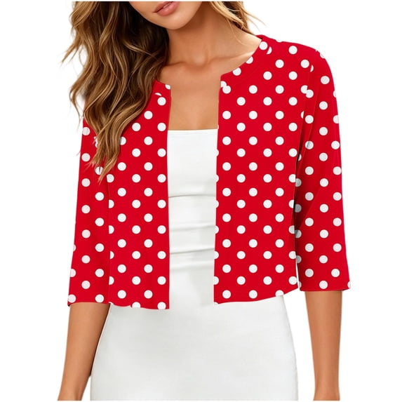 Karight Women Polka Dot Open Front Cardigan, Round Neck 3/4 Sleeve Lightweight Cropped Shrug, Soft Stretch Summer Layering Cover Up for Daily Office Casual Wear