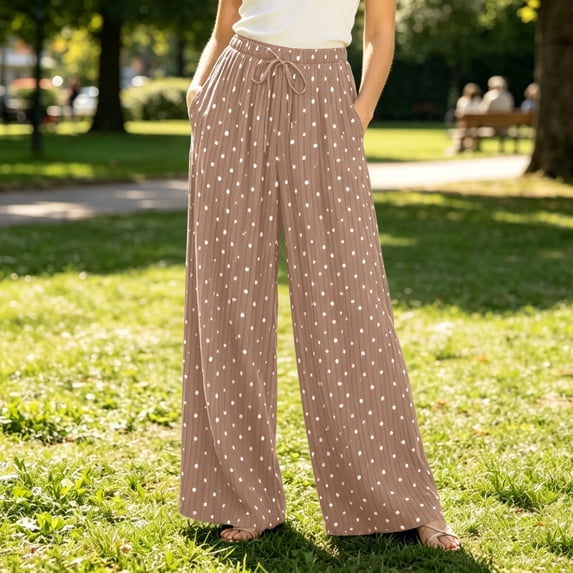 Karight Women Polka Dot Pants Linen Blend Wide Leg High Waist Drawstring Casual Loose Vacation Lounge Palazzo Trousers