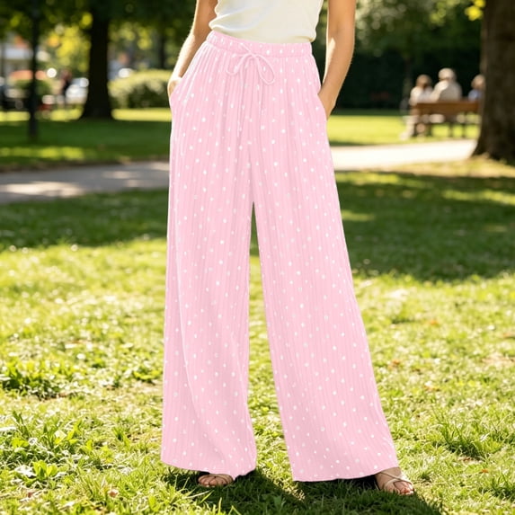 Karight Women Polka Dot Pants Linen Blend Wide Leg High Waist Drawstring Casual Loose Vacation Lounge Palazzo Trousers