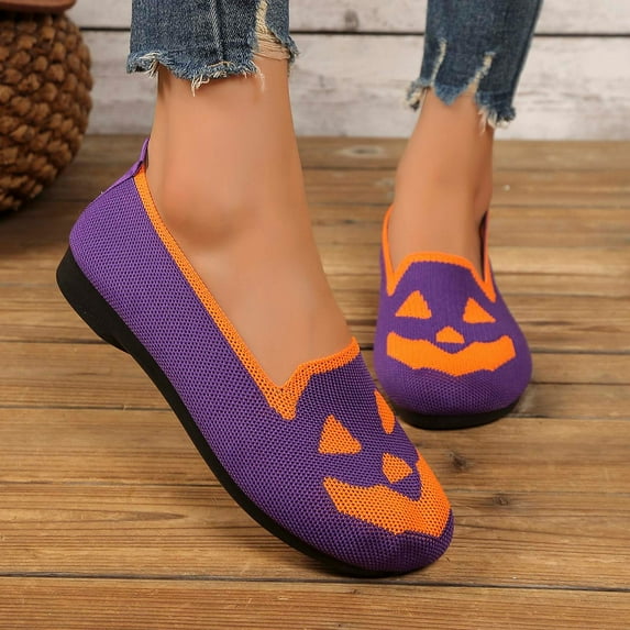 Karight Women Slip On Sparkly Flat Shoes Shiny Mesh Loafers Halloween Print Breathable Shoes Soft Memory Foam Sole Flat