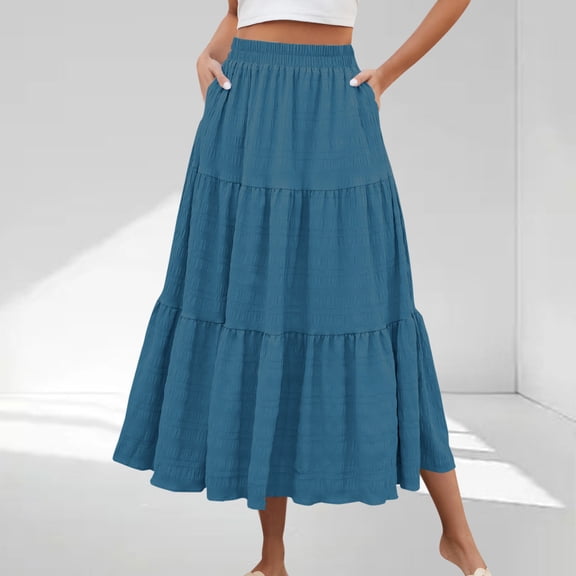 Karight Women Solid Color Casual Long Skirt With High Waist And Flowing Long Skirt With Pockets And Half Skirt
